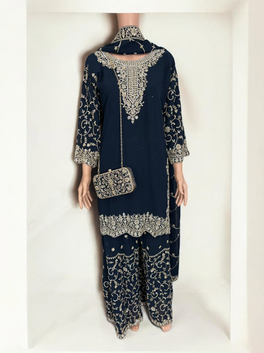 NAVY BLUE- TRADITIONAL DESIGNER SALWAR KAMEEZ SUIT WITH HANDBAG- ETHNIC WEAR FOR WOMEN - 228