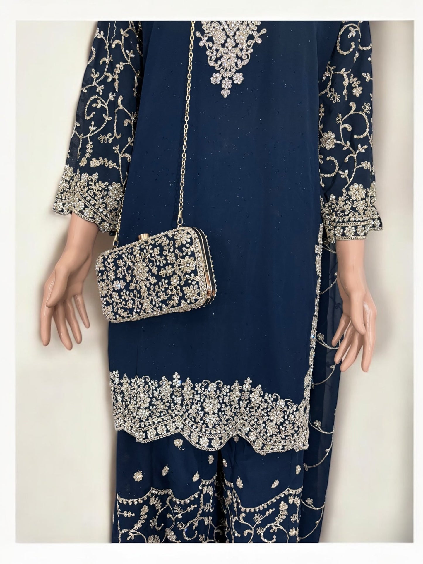 NAVY BLUE- TRADITIONAL DESIGNER SALWAR KAMEEZ SUIT WITH HANDBAG- ETHNIC WEAR FOR WOMEN - 228