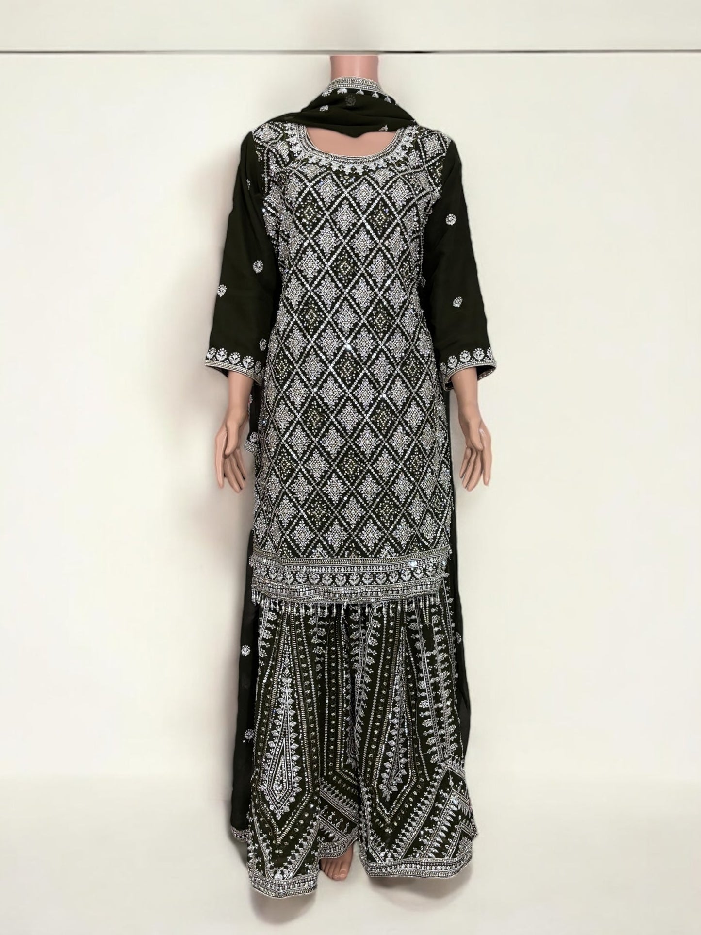 OLIVE GREEN- TRADITIONAL DESIGNER SALWAR KAMEEZ SUIT- ETHNIC WEAR FOR WOMEN - 224