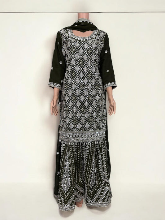 OLIVE GREEN- TRADITIONAL DESIGNER SALWAR KAMEEZ SUIT- ETHNIC WEAR FOR WOMEN - 224
