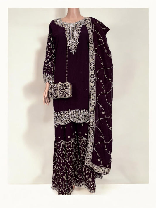 PURPLE- TRADITIONAL DESIGNER SALWAR KAMEEZ SUIT WITH HANDBAG- ETHNIC WEAR FOR WOMEN - 227