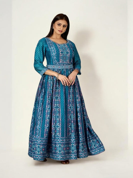 TEAL BLUE COLOR TRADITIONAL DESIGNER GOWN - ETHNIC WEAR FOR WOMEN - 309