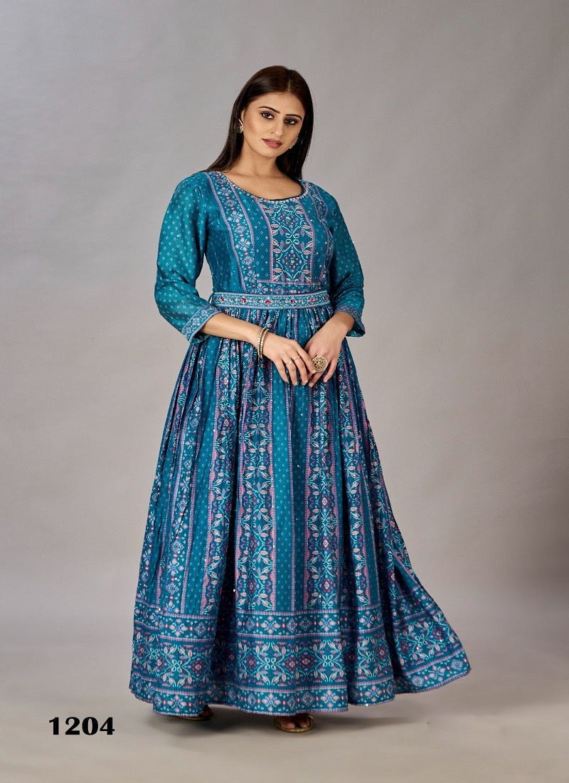TEAL BLUE COLOR TRADITIONAL DESIGNER GOWN - ETHNIC WEAR FOR WOMEN - 309