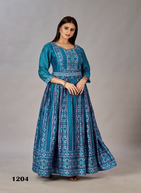 TEAL BLUE COLOR TRADITIONAL DESIGNER GOWN - ETHNIC WEAR FOR WOMEN - 309