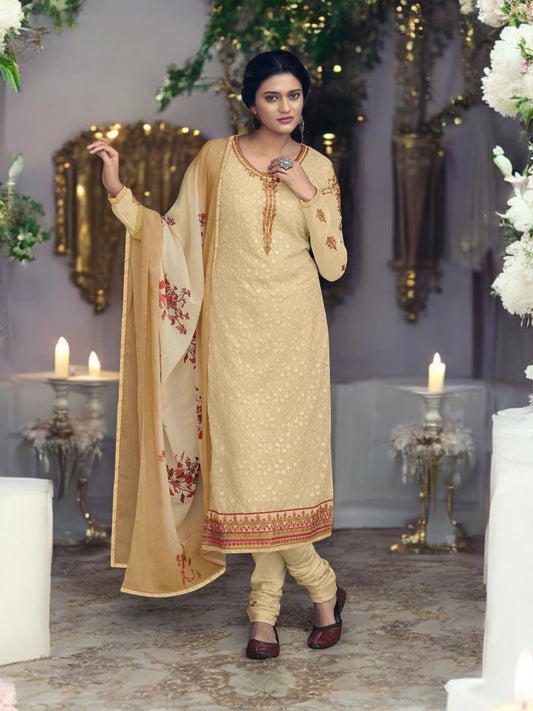 CREAM PATOLA TRADITIONAL FAUX GEORGETTE EMBROIDERED SALWAR KAMEEZ -A-ETHNIC WEAR FOR WOMEN