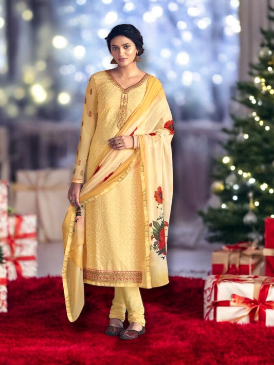 EXQUISITE CREAM PATOLA FAUX GEORGETTE EMBROIDERED SALWAR KAMEEZ WITH STONE WORK-B