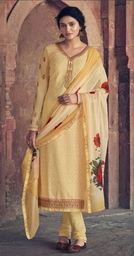 EXQUISITE CREAM PATOLA FAUX GEORGETTE EMBROIDERED SALWAR KAMEEZ WITH STONE WORK-B