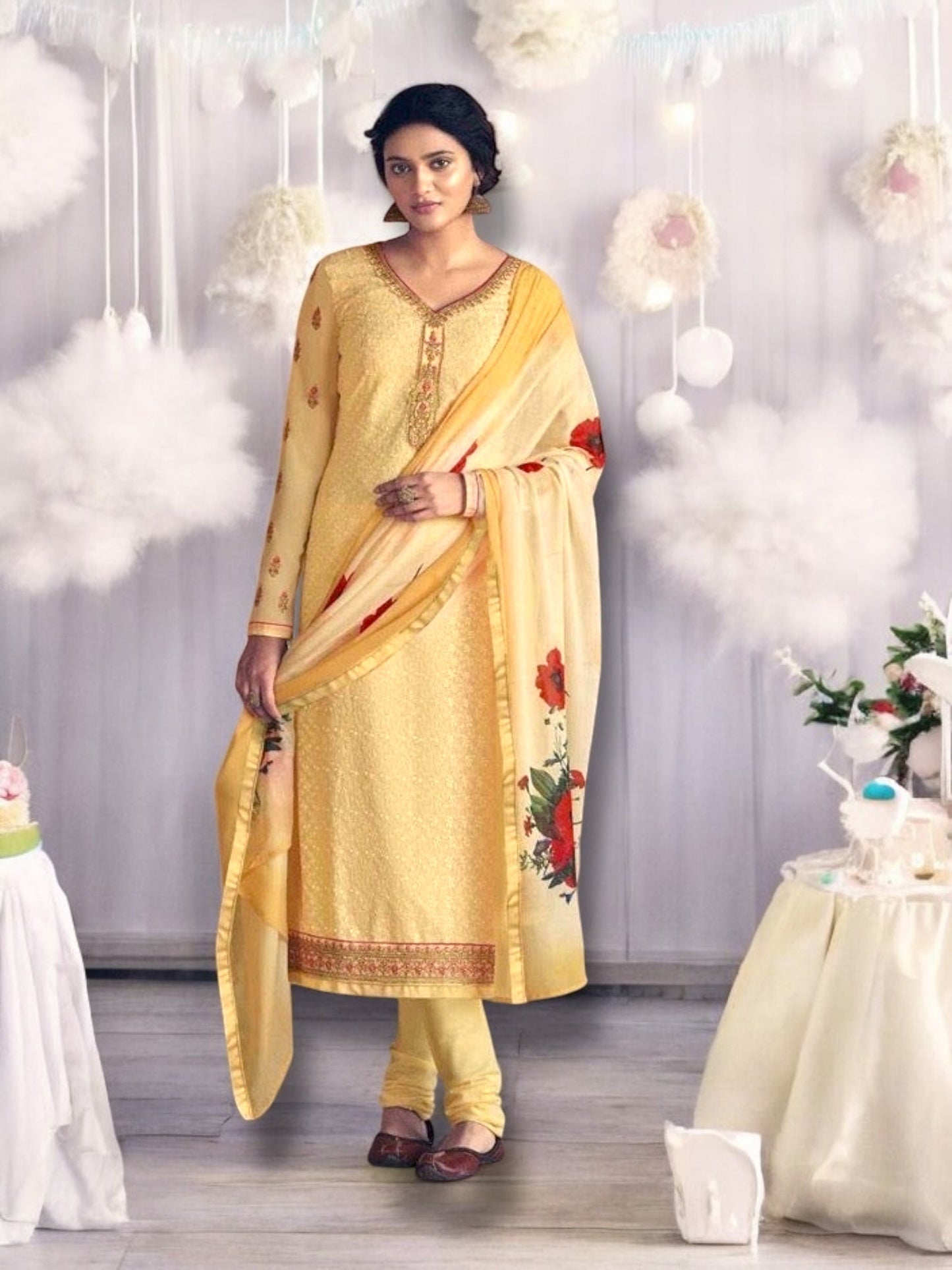 EXQUISITE CREAM PATOLA FAUX GEORGETTE EMBROIDERED SALWAR KAMEEZ WITH STONE WORK-B