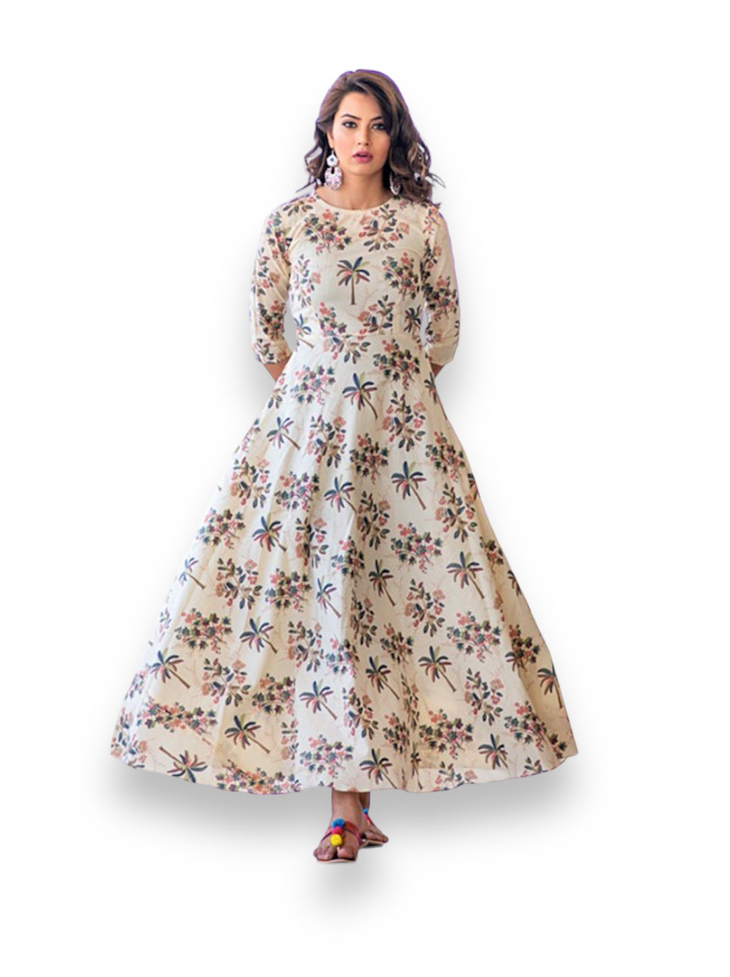 CREAM: MUSLIN PRINTED WORK TRADITIONAL GOWN-ETHNIC WEAR FOR WOMEN-02