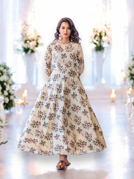 CREAM: MUSLIN PRINTED WORK TRADITIONAL GOWN-ETHNIC WEAR FOR WOMEN-02