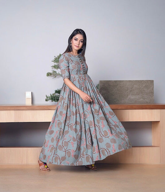 GREY: MUSLIN PRINTED WORK TRADITIONAL GOWN-ETHNIC WEAR FOR WOMEN-01