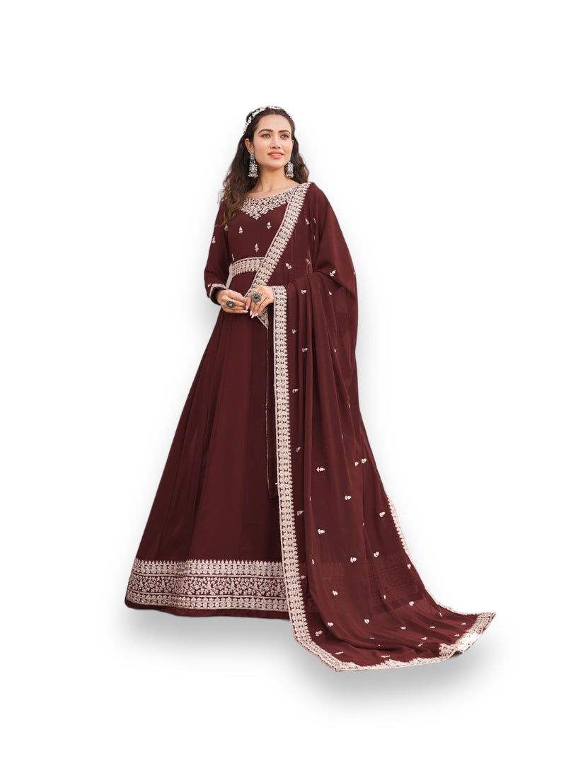 TRADITIONAL BROWN COLOR FAUX GEORGETTE GOWN WITH HEAVY WORK-ETHNIC WEAR FOR WOMEN