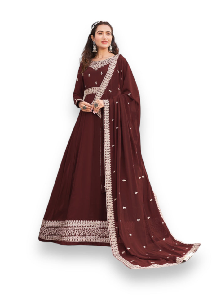 TRADITIONAL BROWN COLOR FAUX GEORGETTE GOWN WITH HEAVY WORK-ETHNIC WEAR FOR WOMEN