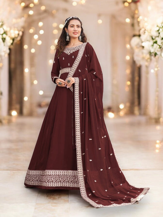 TRADITIONAL BROWN COLOR FAUX GEORGETTE GOWN WITH HEAVY WORK-ETHNIC WEAR FOR WOMEN