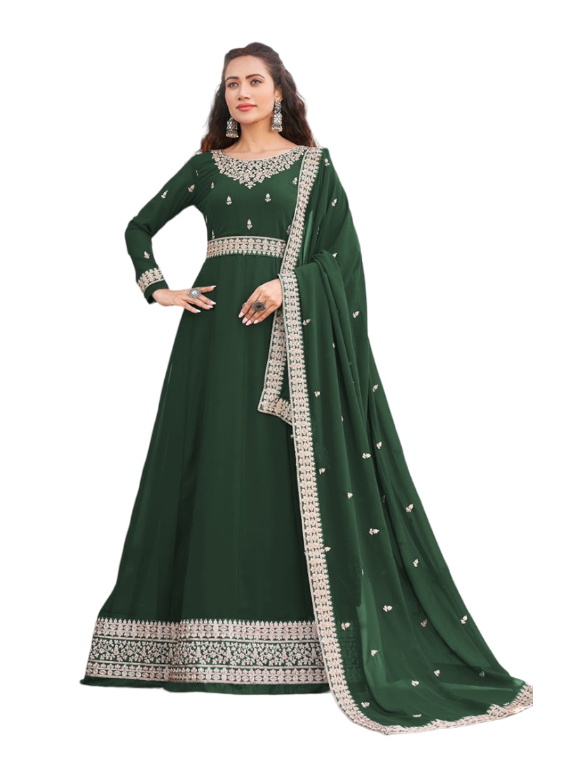 TRADITIONAL GREEN COLOR FAUX GEORGETTE GOWN WITH HEAVY WORK-ETHNIC WEAR FOR WOMEN