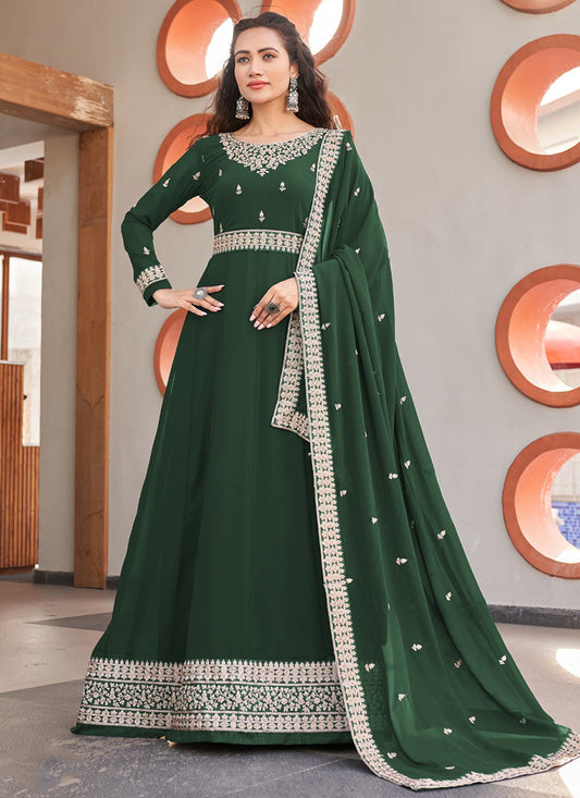 TRADITIONAL GREEN COLOR FAUX GEORGETTE GOWN WITH HEAVY WORK-ETHNIC WEAR FOR WOMEN