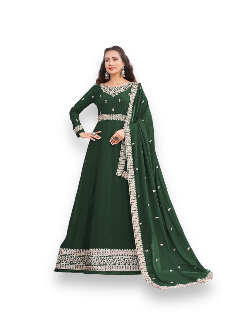 TRADITIONAL GREEN COLOR FAUX GEORGETTE GOWN WITH HEAVY WORK-ETHNIC WEAR FOR WOMEN