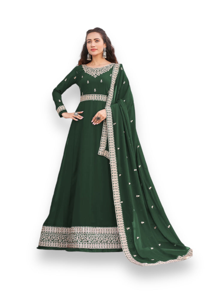 TRADITIONAL GREEN COLOR FAUX GEORGETTE GOWN WITH HEAVY WORK-ETHNIC WEAR FOR WOMEN