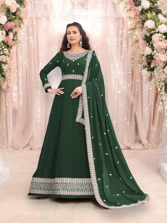 TRADITIONAL GREEN COLOR FAUX GEORGETTE GOWN WITH HEAVY WORK-ETHNIC WEAR FOR WOMEN