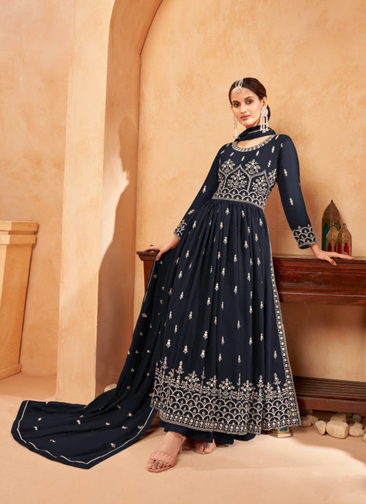 TRADITIONAL NAVY BLUE NAYRA CUT FAUX GEORGETTE WEDDING WEAR SALWAR SUIT-ETHNIC WEAR FOR WOMEN