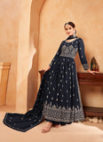 TRADITIONAL NAVY BLUE NAYRA CUT FAUX GEORGETTE WEDDING WEAR SALWAR SUIT-ETHNIC WEAR FOR WOMEN