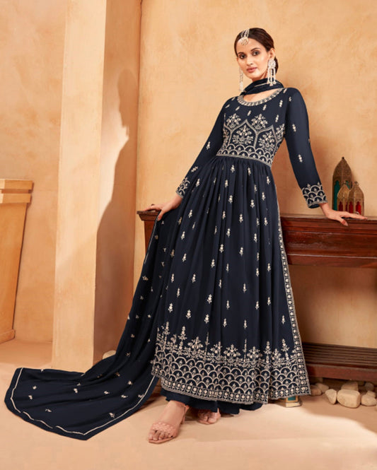 TRADITIONAL NAVY BLUE NAYRA CUT FAUX GEORGETTE WEDDING WEAR SALWAR SUIT-ETHNIC WEAR FOR WOMEN