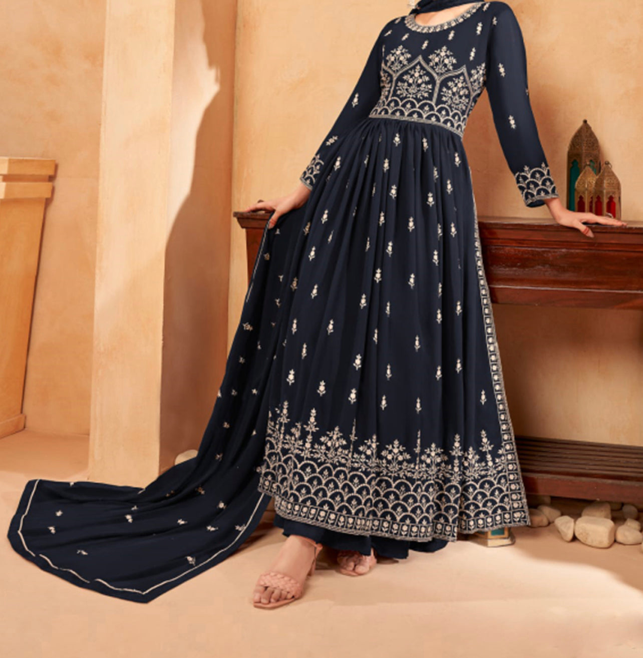 TRADITIONAL NAVY BLUE NAYRA CUT FAUX GEORGETTE WEDDING WEAR SALWAR SUIT-ETHNIC WEAR FOR WOMEN