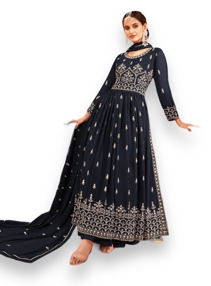 TRADITIONAL NAVY BLUE NAYRA CUT FAUX GEORGETTE WEDDING WEAR SALWAR SUIT-ETHNIC WEAR FOR WOMEN