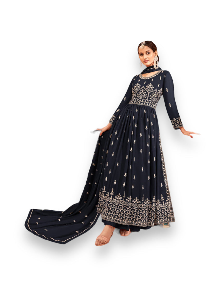 TRADITIONAL NAVY BLUE NAYRA CUT FAUX GEORGETTE WEDDING WEAR SALWAR SUIT-ETHNIC WEAR FOR WOMEN