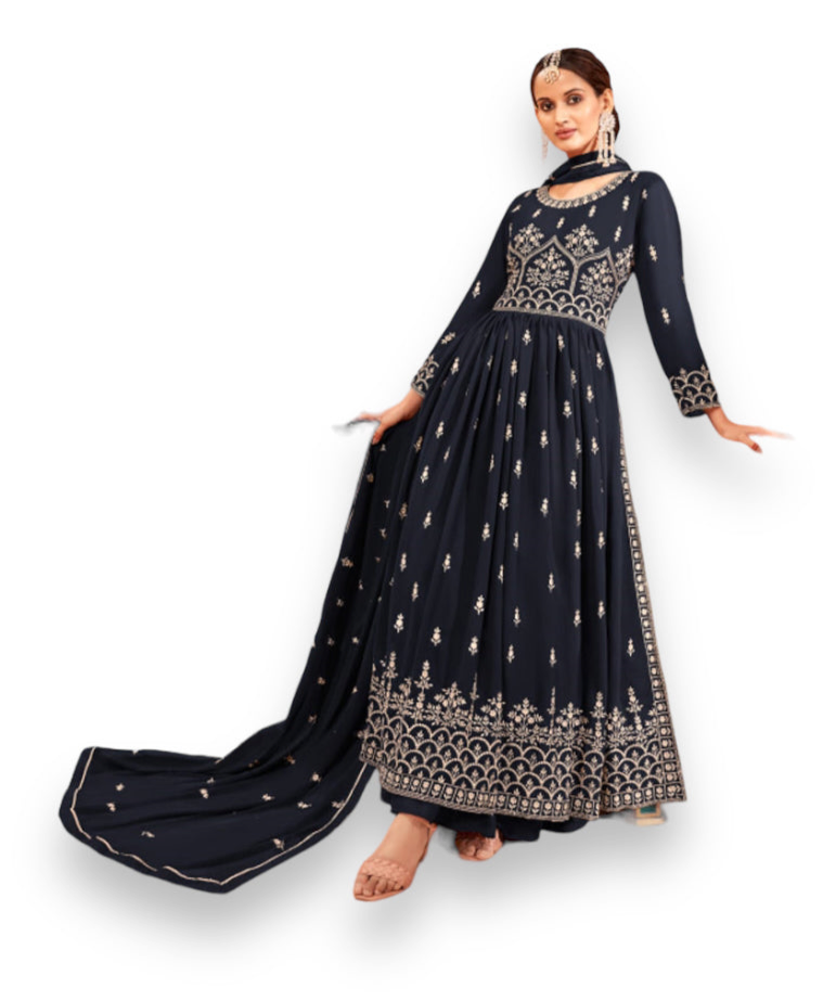 TRADITIONAL NAVY BLUE NAYRA CUT FAUX GEORGETTE WEDDING WEAR SALWAR SUIT-ETHNIC WEAR FOR WOMEN