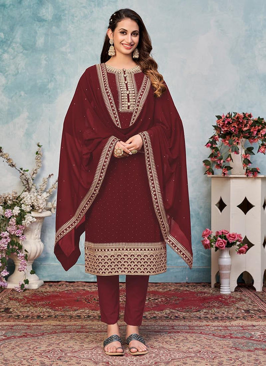 REGAL MAROON - FAUX GEORGETTE - EMBROIDERY WORK STRAIGHT SUIT-ETHNIC WEAR FOR WOMEN