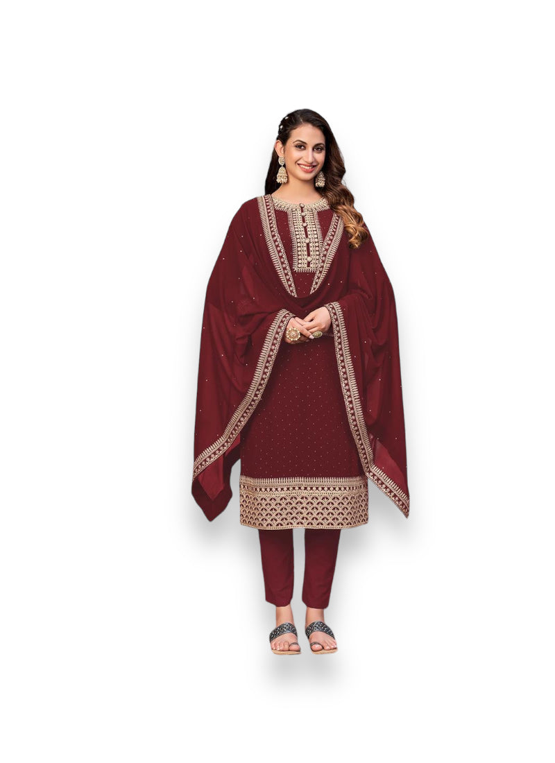 REGAL MAROON - FAUX GEORGETTE - EMBROIDERY WORK STRAIGHT SUIT-ETHNIC WEAR FOR WOMEN