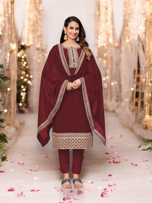REGAL MAROON - FAUX GEORGETTE - EMBROIDERY WORK STRAIGHT SUIT-ETHNIC WEAR FOR WOMEN
