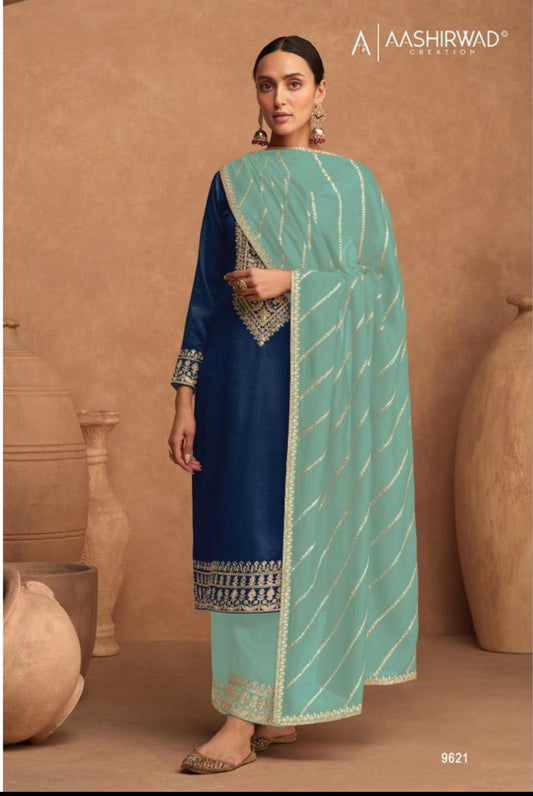 TRADITIONAL DESIGNER SILK SALWAR SUIT FOR A TIMELESS LOOK - 9621-ETHNIC WEAR FOR WOMEN