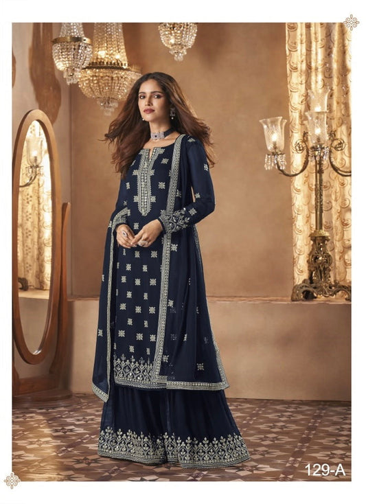 TRADITIONAL FAUX GEORGETTE SALWAR SUIT WITH EMBROIDERY - 129A-ETHNIC WEAR FOR WOMEN