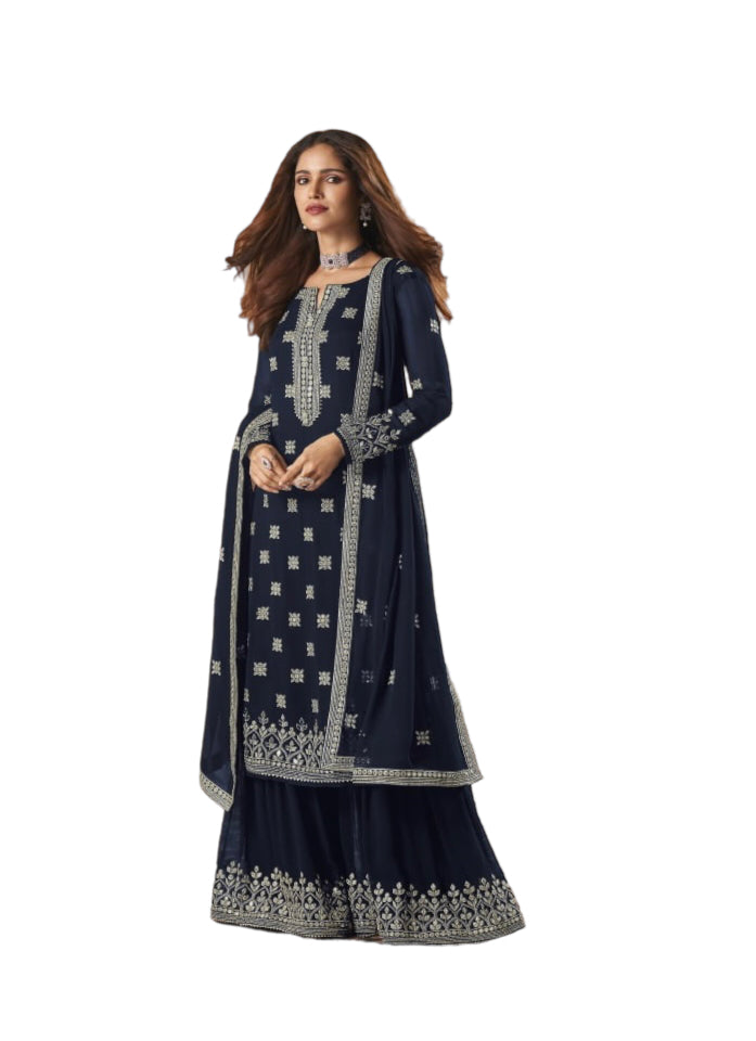 TRADITIONAL FAUX GEORGETTE SALWAR SUIT WITH EMBROIDERY - 129A-ETHNIC WEAR FOR WOMEN