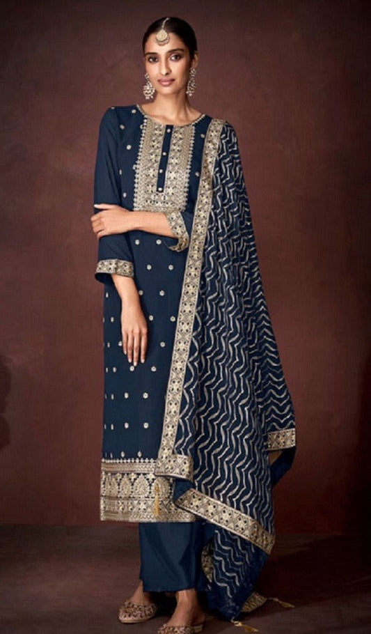 TRADITIONAL NAVY BLUE FAUX GEORGETTE SALWAR SUIT WITH INTRICATE EMBROIDERY-ETHNIC WEAR FOR WOMEN