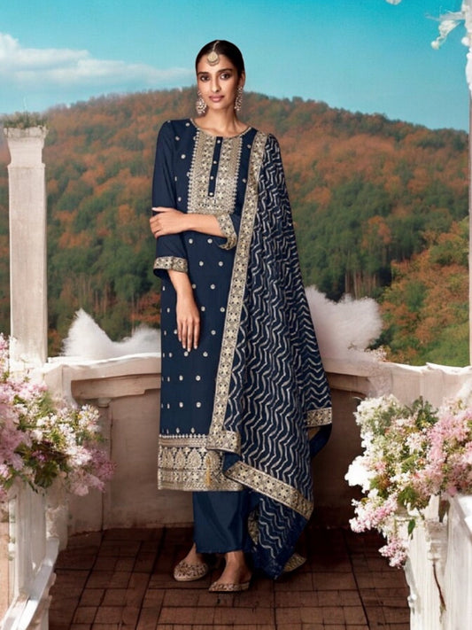TRADITIONAL NAVY BLUE FAUX GEORGETTE SALWAR SUIT WITH INTRICATE EMBROIDERY-ETHNIC WEAR FOR WOMEN