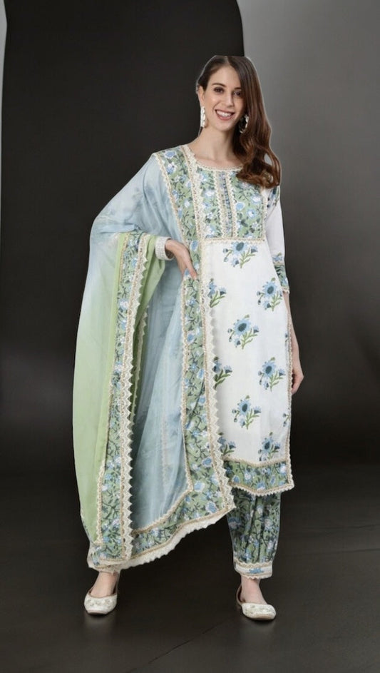 TRADITIONAL WHITE EMBROIDERY WORK COTTON SALWAR SUIT-ETHNIC WEAR FOR WOMEN