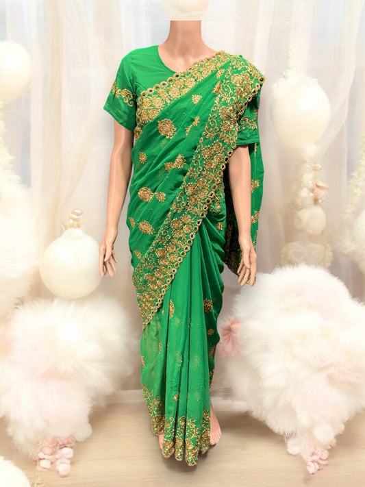 TRADITIONAL DESIGNER GREEN SAREE WITH READY BLOUSE – ELEGANT INDIAN ETHNIC WEAR