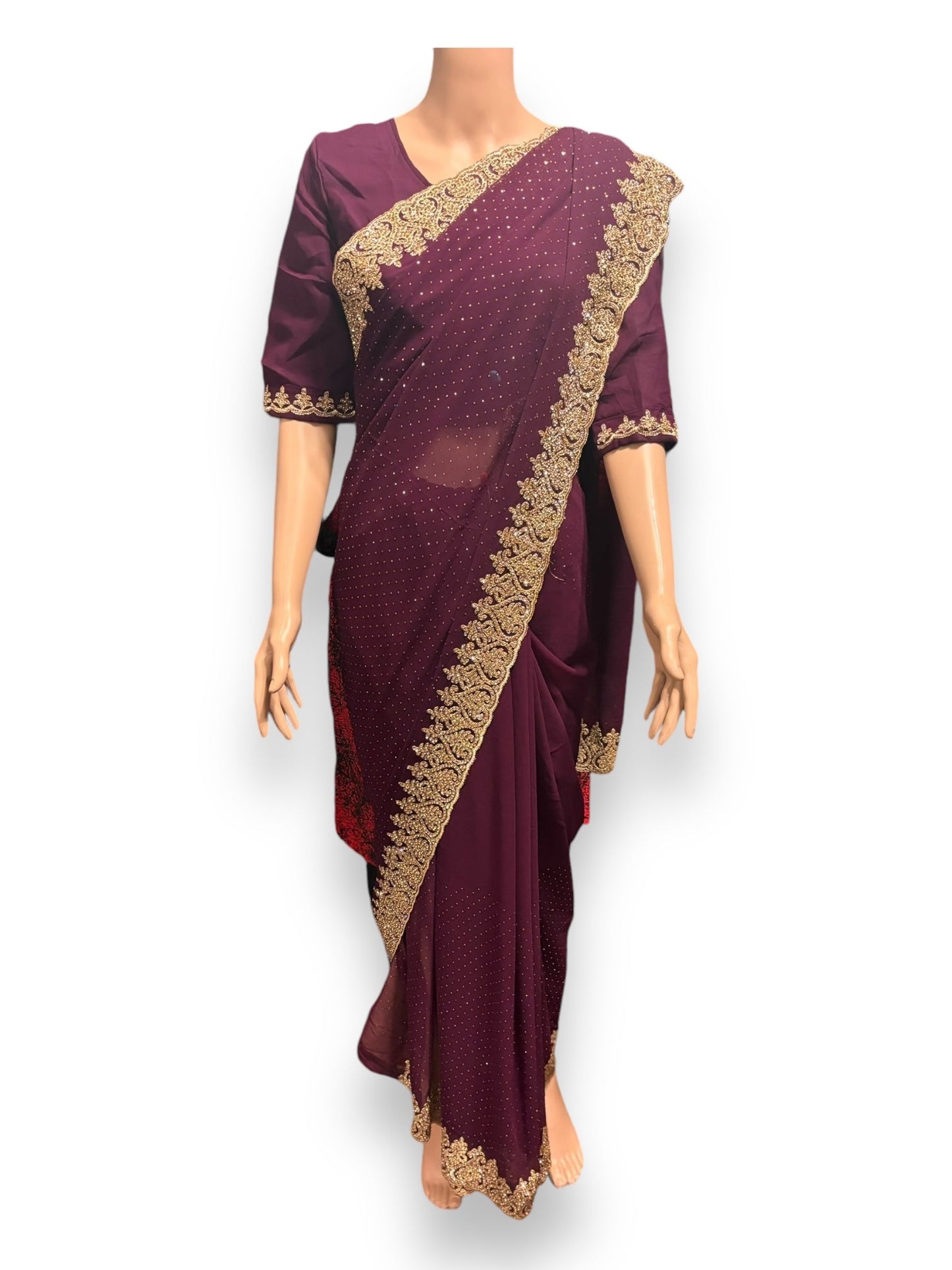 TRADITIONAL PURPLE PARTY WEAR STONEWORK SAREE WITH READY BLOUSE - 023