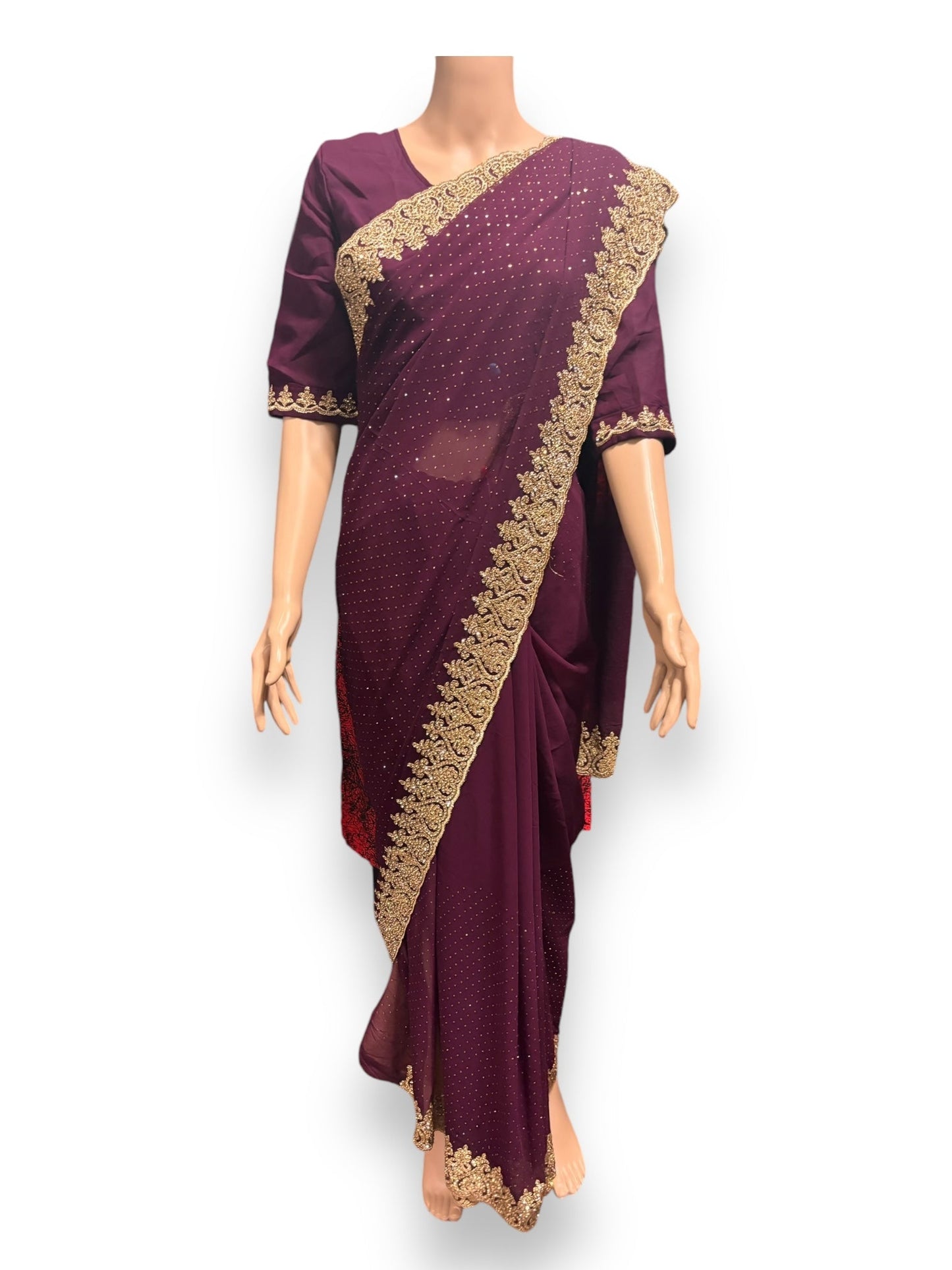 TRADITIONAL PURPLE PARTY WEAR STONEWORK SAREE WITH READY BLOUSE - 023