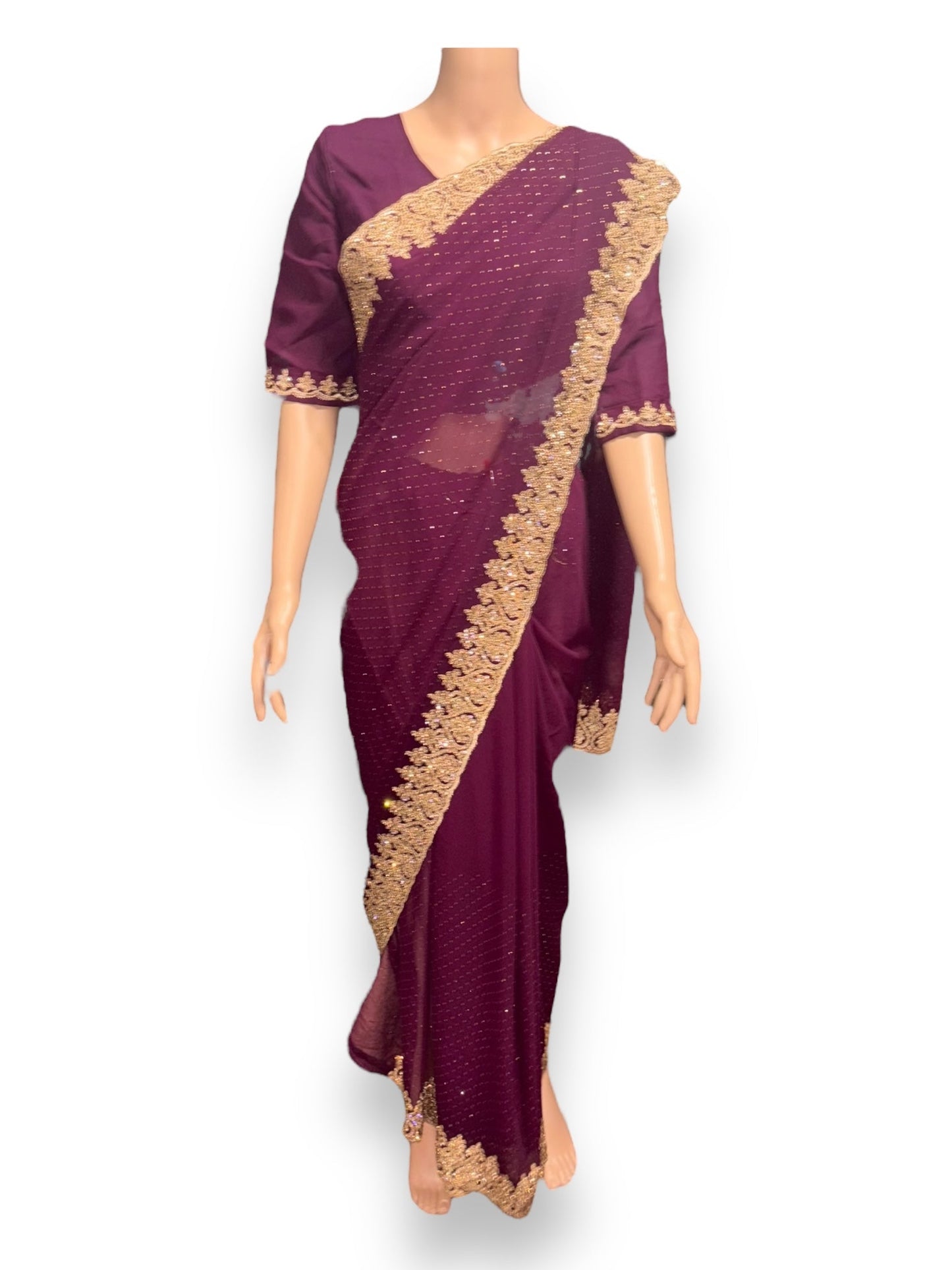 TRADITIONAL PURPLE PARTY WEAR STONEWORK SAREE WITH READY BLOUSE - 023