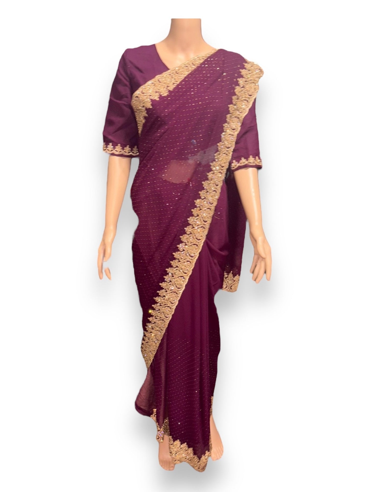 TRADITIONAL PURPLE PARTY WEAR STONEWORK SAREE WITH READY BLOUSE - 023