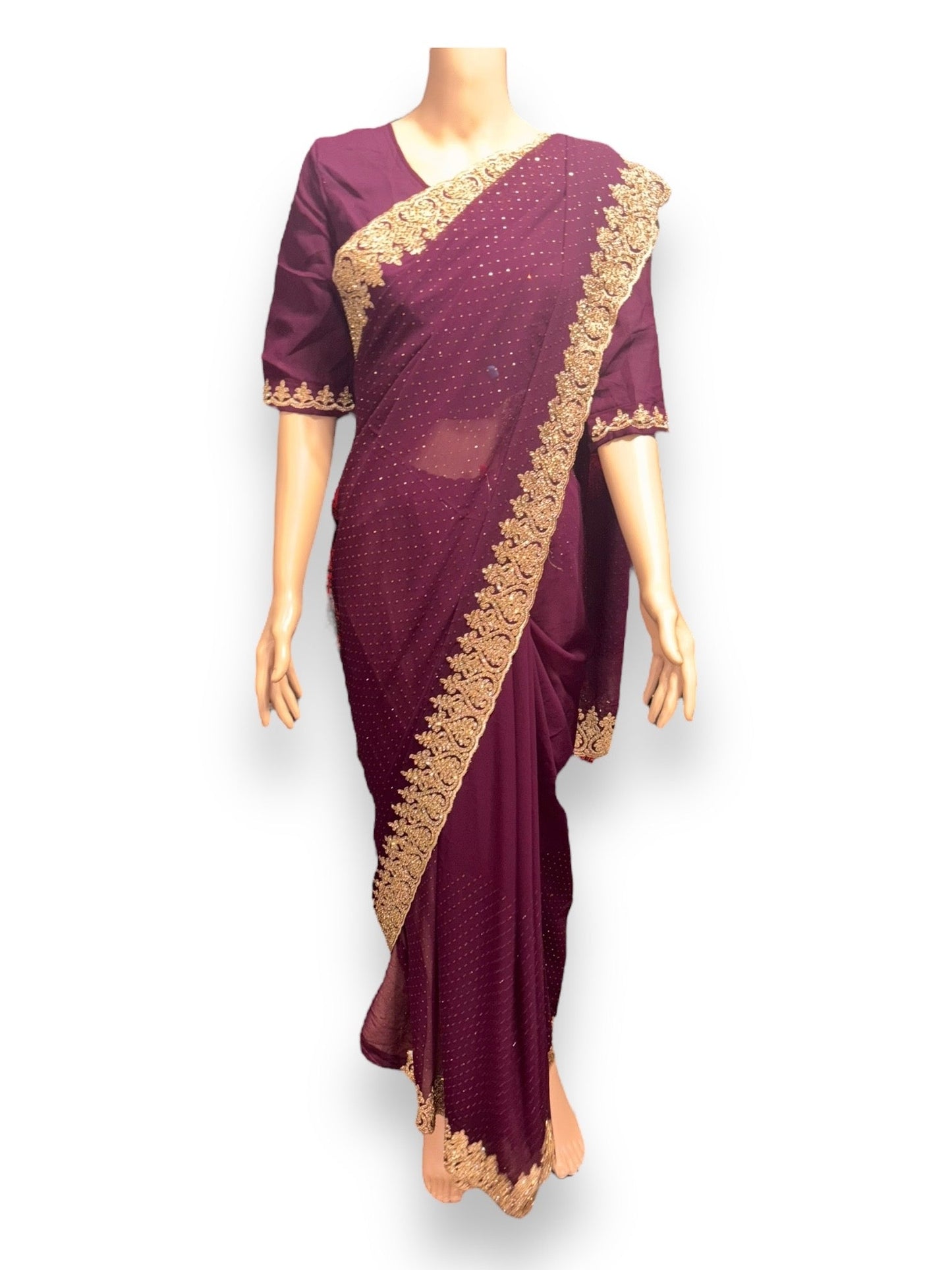 TRADITIONAL PURPLE PARTY WEAR STONEWORK SAREE WITH READY BLOUSE - 023