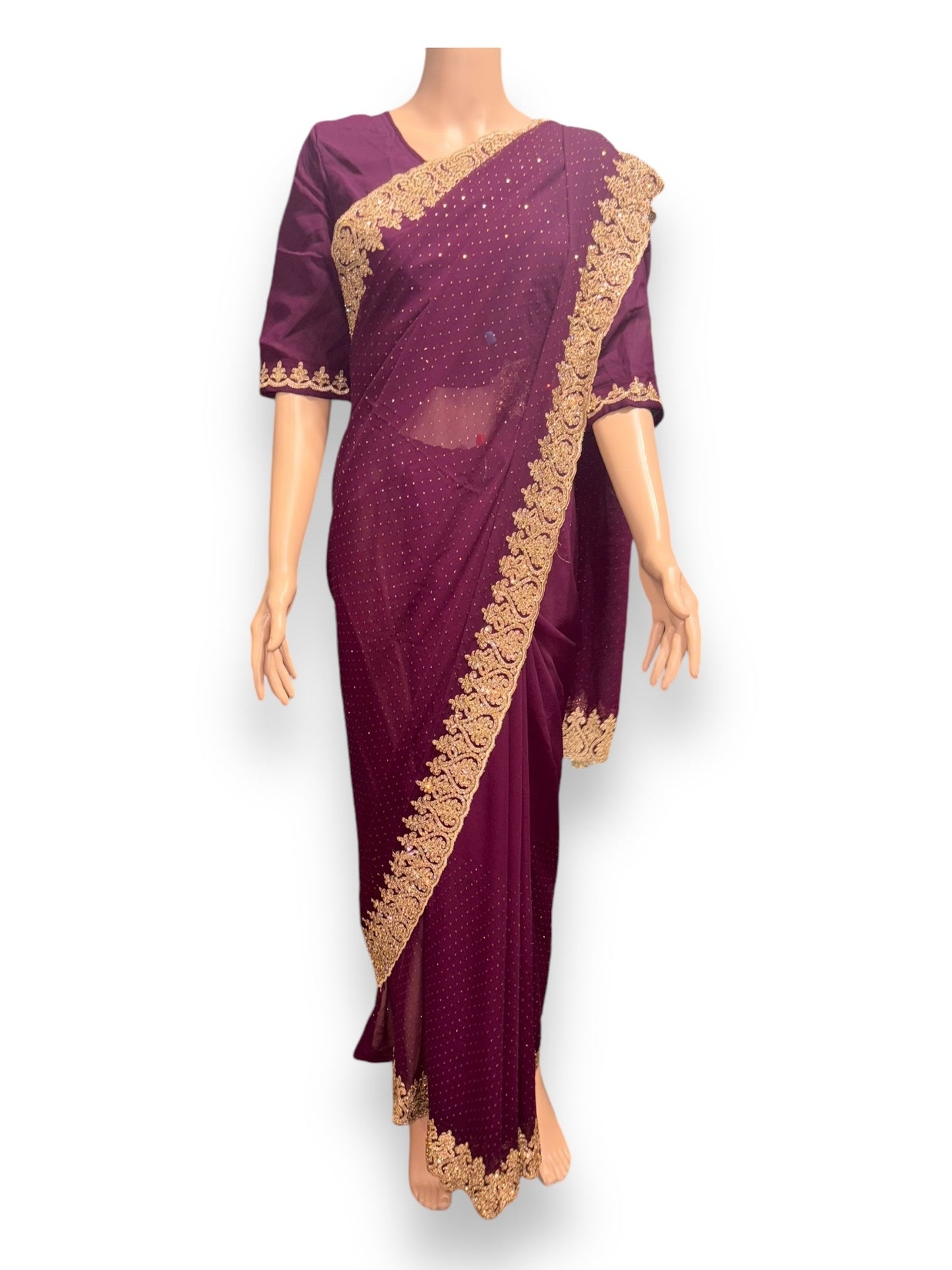 TRADITIONAL PURPLE PARTY WEAR STONEWORK SAREE WITH READY BLOUSE - 023
