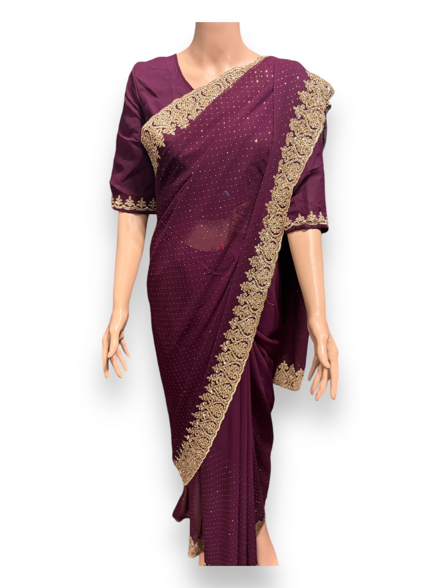 TRADITIONAL PURPLE PARTY WEAR STONEWORK SAREE WITH READY BLOUSE - 023