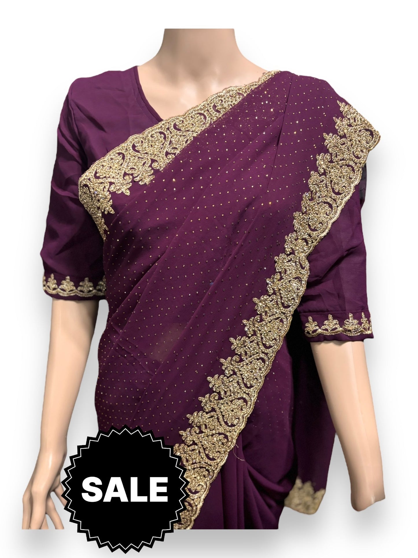 TRADITIONAL PURPLE PARTY WEAR STONEWORK SAREE WITH READY BLOUSE - 023