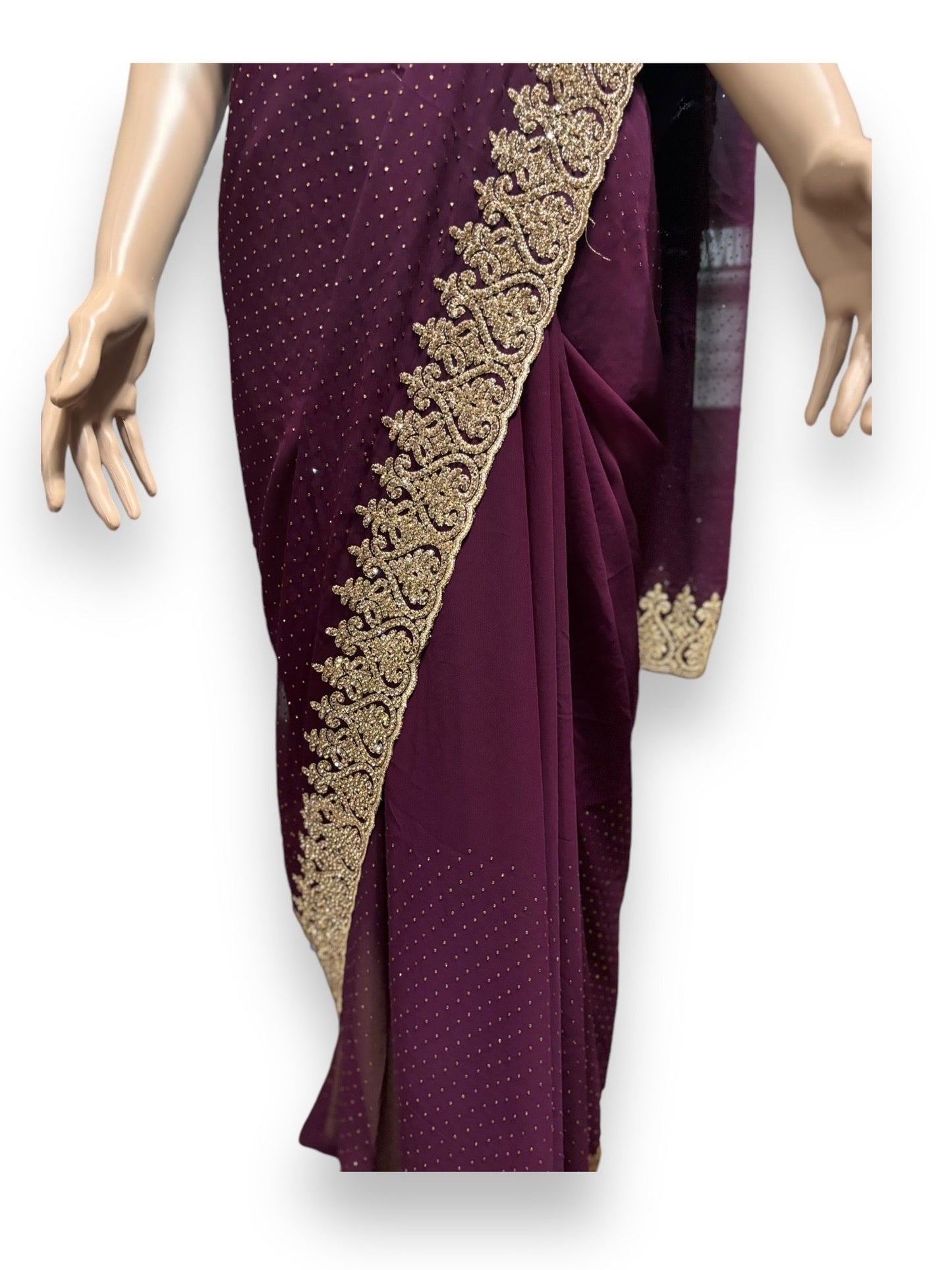 TRADITIONAL PURPLE PARTY WEAR STONEWORK SAREE WITH READY BLOUSE - 023