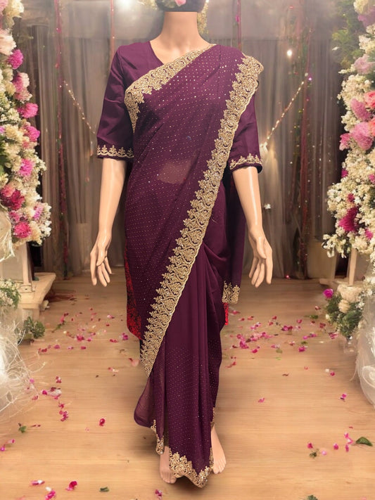 TRADITIONAL PURPLE PARTY WEAR STONEWORK SAREE WITH READY BLOUSE - 023